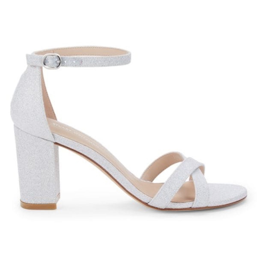 Stuart Weitzman “Nearly Nude” Block Heel Glitter Sandals